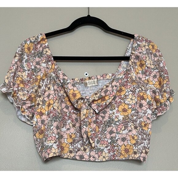 Altard State Floral Boho Peasant Crop Top Medium Orange Pink Tie Front Cottage - Picture 1 of 9